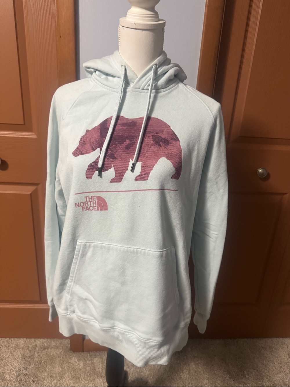 The North Face Pale Blue Hoodie with Rose Graphic Bear